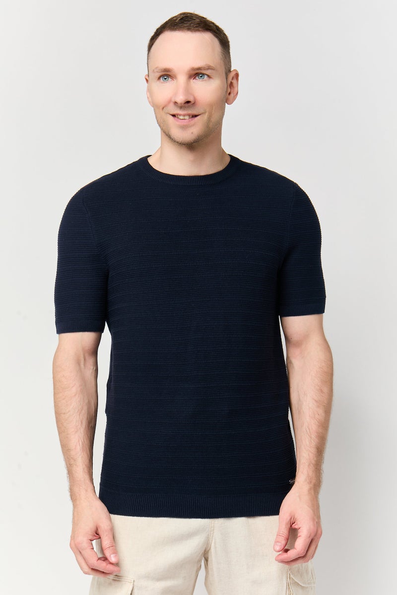 Threadbare Men Crew Neck Short Sleeve Knitted T-Shirt, Navy Blue - Image 1