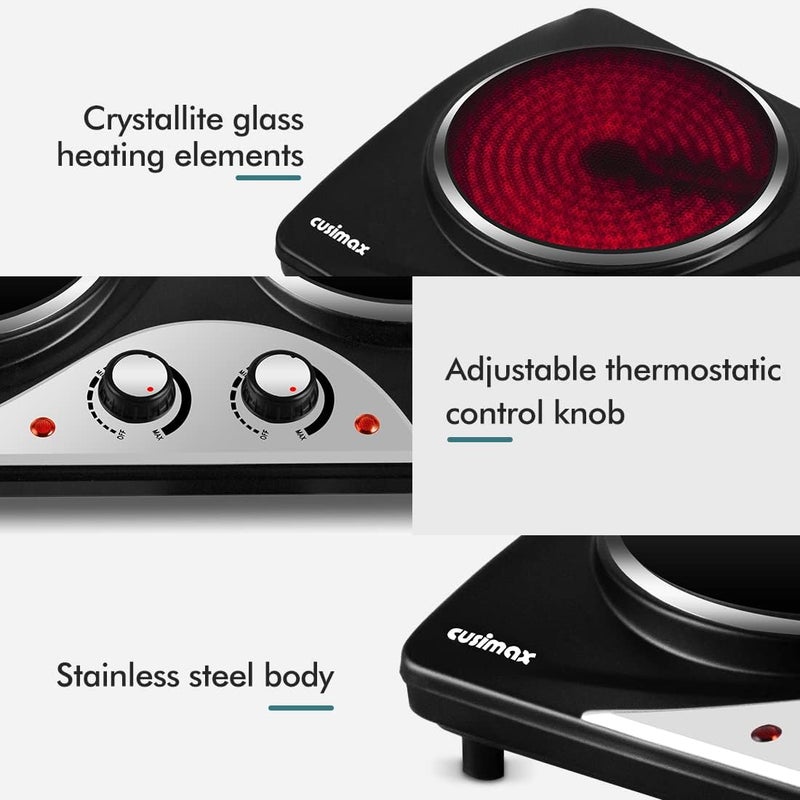 CUSIMAX Infrared Hot Plate 1200W+900W Double Crystallite Glass Plates Countertop Cooktop Burner, Portable Electric Stove with Temperature Control, Easy to Clean, Black - Image 5