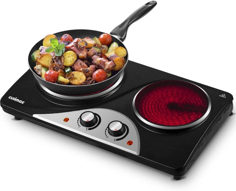 CUSIMAX Infrared Hot Plate 1200W+900W Double Crystallite Glass Plates Countertop Cooktop Burner, Portable Electric Stove with Temperature Control, Easy to Clean, Black - Image 1