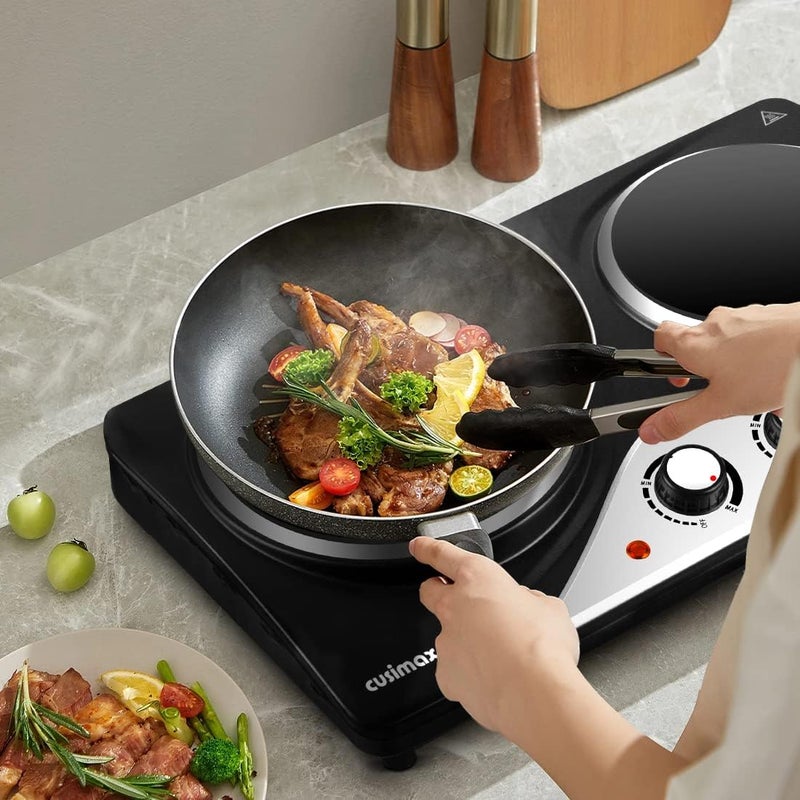 CUSIMAX Infrared Hot Plate 1200W+900W Double Crystallite Glass Plates Countertop Cooktop Burner, Portable Electric Stove with Temperature Control, Easy to Clean, Black - Image 2