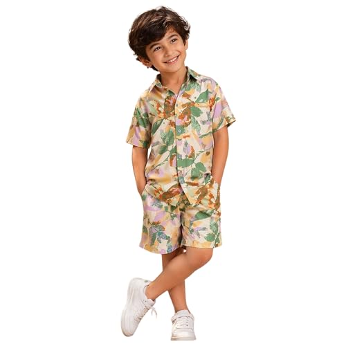 superminis Boys Coordinated Set With Printed Rayon Shirt and Shorts (9-10 Years, Green) - Image 1