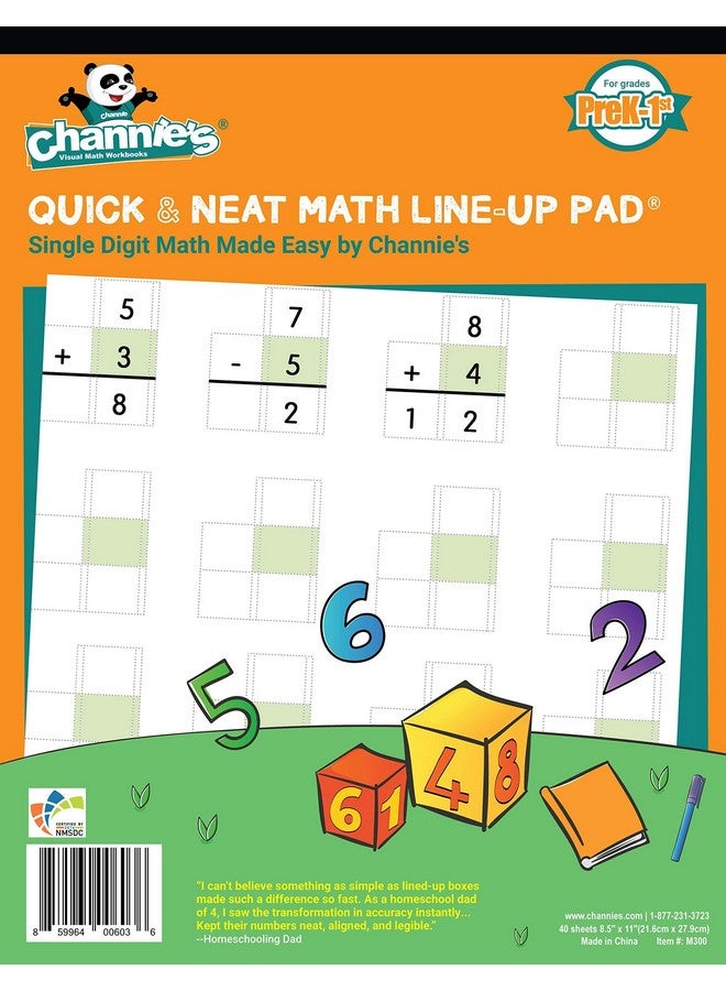 Channie's Math Prek-1St Grades, 80 Pages Strong Paper, 8.5" X 11" With Hardboard Back Lineup Pad Workbook Math Line-Up - Image 1