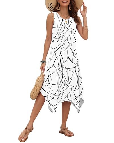 AUSELILY Women's Summer Dresses 2026 Casual Sleeveless Sundress Asymmetrical Hem Midi Tank Beach Dress with Pockets BK Stripes T M - Image 1