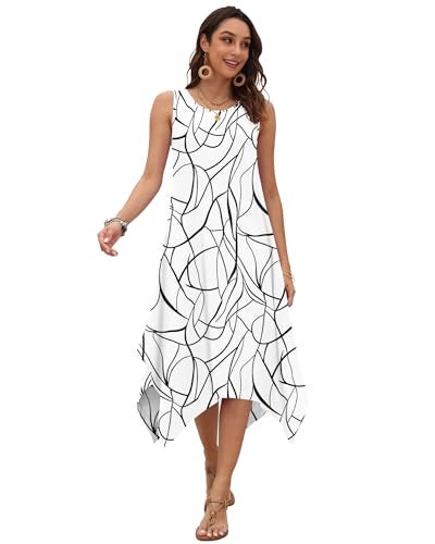 AUSELILY Women's Summer Dresses 2026 Casual Sleeveless Sundress Asymmetrical Hem Midi Tank Beach Dress with Pockets BK Stripes T M - Image 2