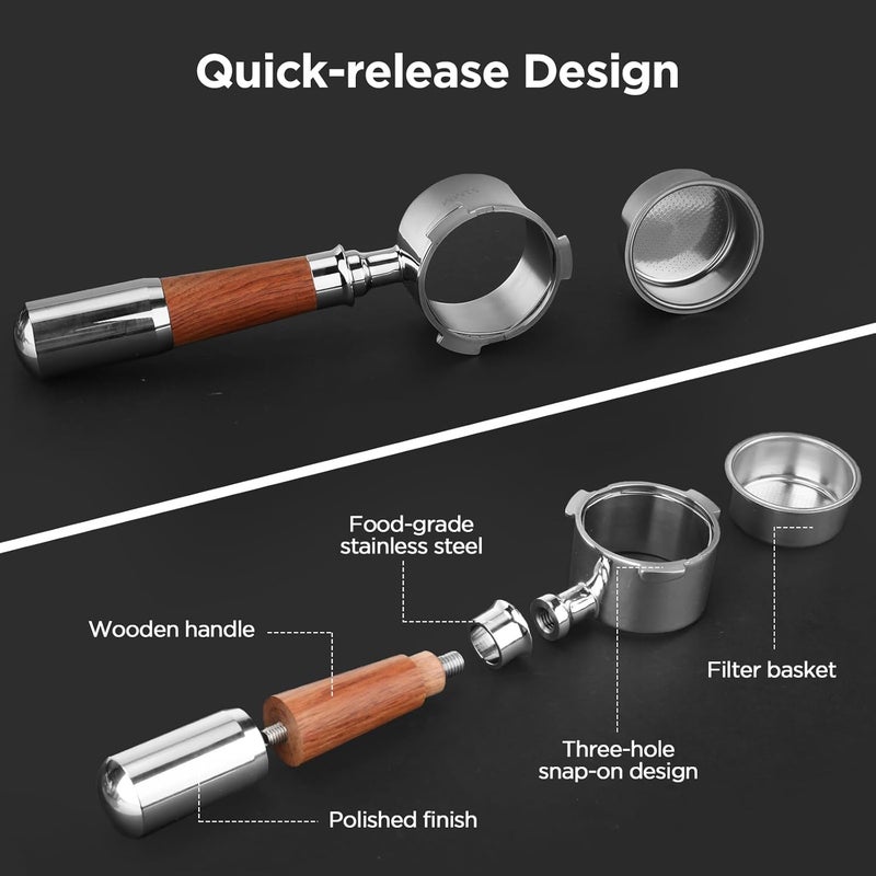 ROMON Bottomless Portafilter 51 mm, Compatible with DeLonghi Dedica EC680/EC685/EC885/EC890, 3 Ears Portafilter Made of 304 Stainless Steel with Wooden Handle and Filter - Image 5