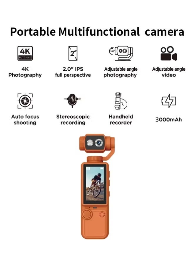 AIR TAB Pocket 4 4K Ultra HD Camera – 180° Adjustable Gimbal, 2-Inch IPS Display, 3000mAh Battery, Vlogging, Travel, and Outdoor Recording – Orange - Image 4