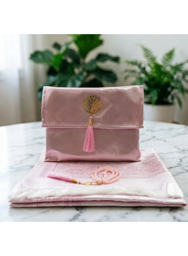 Minimalist Elastic Prayer Mat 3-Piece Gift Set with Satin Storage Bag & Prayer Beads - Image 1