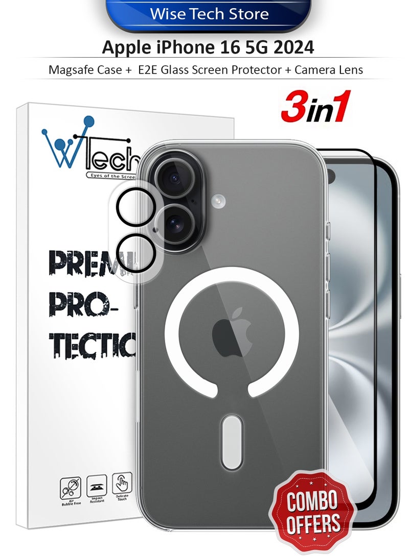 دبليو تيك حزمة حماية شاملة لهاتف آبل آيفون 16 5G 2024 3 في 1 - حقيبة شفافة مقاومة للصدمات مع ماسجيف، واقي شاشة زجاجي كامل، وواقي عدسة الكاميرا بحماية 360، تركيب سهل - شفاف/أسود - Image 1