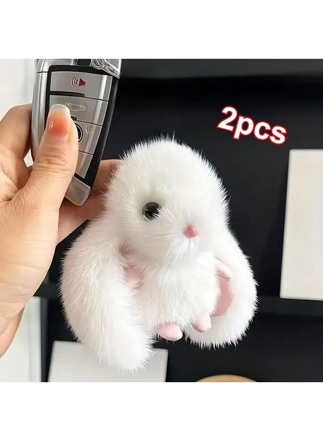 2pcs White Rabbit Plush Keychain Pendant For Backpack Decoration Birthday Gift - Image 1