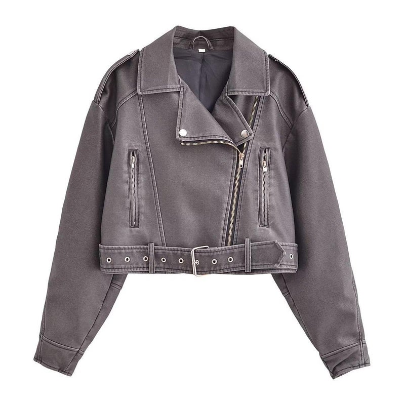 2024 Fall New Chic Faux Leather Biker Jacket Grey 