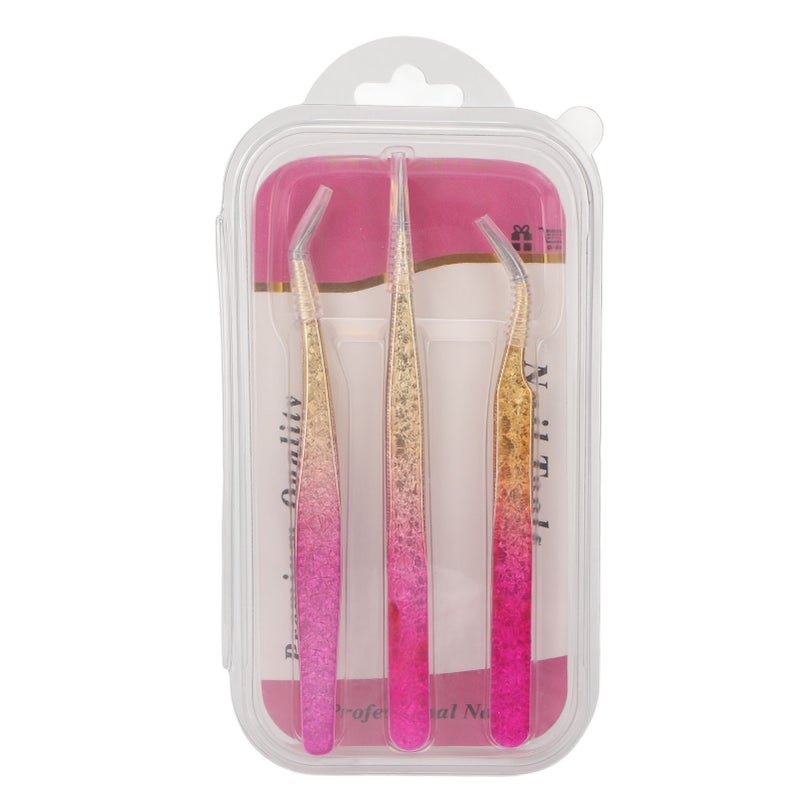 3pcs Nail Art Tweezer Stainless Steel Straight Bend Tips Manicure Rhinestone Nipper Gradient Color - Image 1