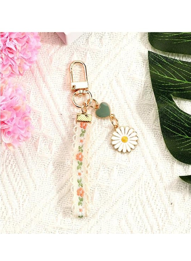 سلسلة مفاتيح بتصميم من الدانتيل وزهرة الأقحوان مع قلادة على شكل قلب أخضر - Image 4