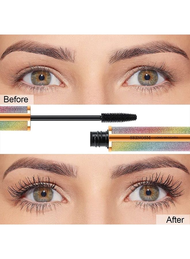 SKINOSM عبوة 2 من ماسكارا سوداء تعطي حجمًا وطولًا يدوم طوال اليوم، ماسكارا ألياف حرير 4D، ماسكارا مقاومة للماء تطيل بدون تكتل، بدون تلطيخ وسهلة الإزالة - Image 2