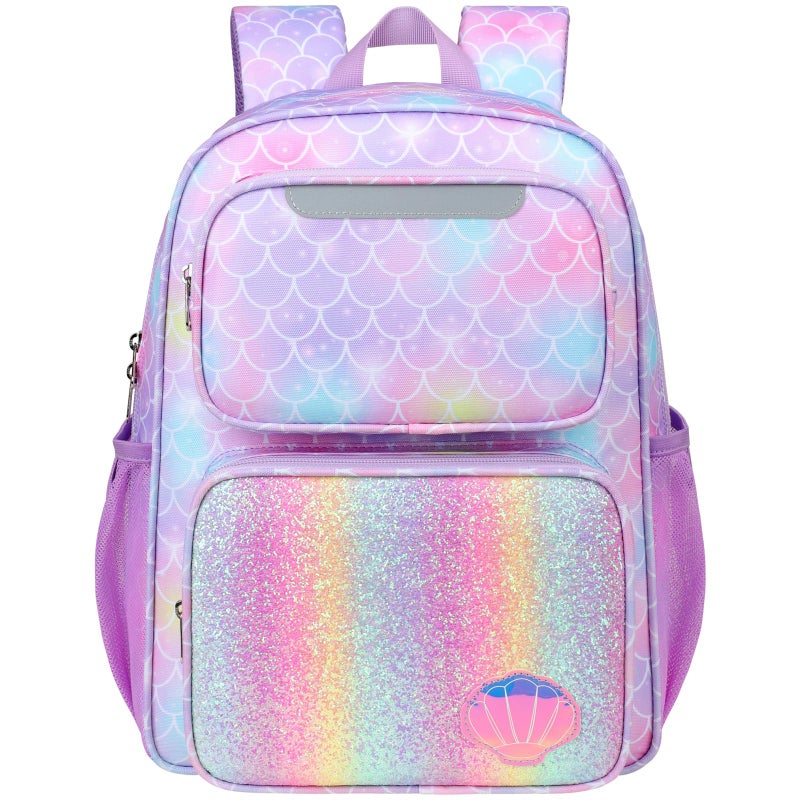 BrainyBees Kids Backpack for Girls Kindergarten 15 Inch Lightweight School Bookbag fits Folder Mermaid Backpack for Kids 47 with Leakproof Insulated Pocket for Lunch and Snacks Purple - Image 2