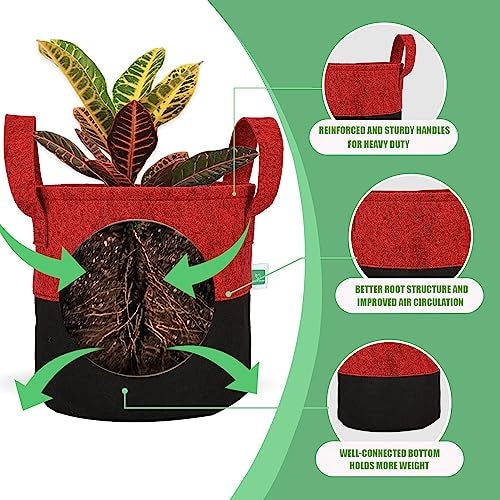 GREENSHEEP Geo Fabric Grow Bags UV Treated Gardening Cotton Pots Terrace Indoor Outdoor Home Balcony Nursery Leafy Vegetable Fruits and Flower (Black & Red Round 400 GSM Size 8x8 Pack of 5) - Image 4