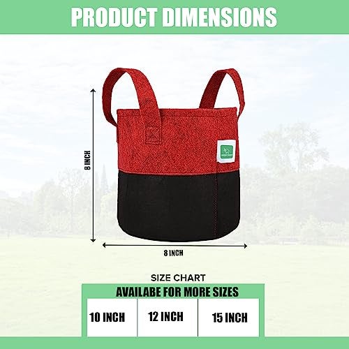 GREENSHEEP Geo Fabric Grow Bags UV Treated Gardening Cotton Pots Terrace Indoor Outdoor Home Balcony Nursery Leafy Vegetable Fruits and Flower (Black & Red Round 400 GSM Size 8x8 Pack of 5) - Image 2