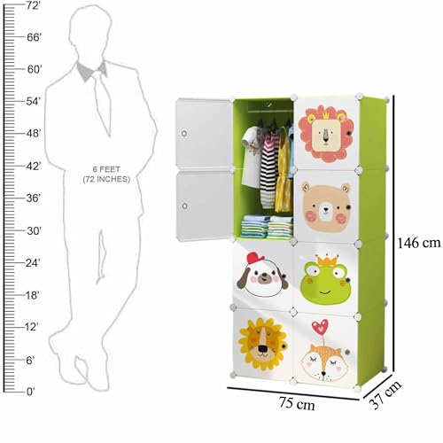 AYSIS Almirah for Clothes,Plastic Collapsible Wardrobe for Clothes for Kids Clothes/Toy/Book, Space-Saving Wardrobe for Clothes Storage in Bedroom Nursery,Cartoon (Green, 8-Shelf-8-Door) - Image 2