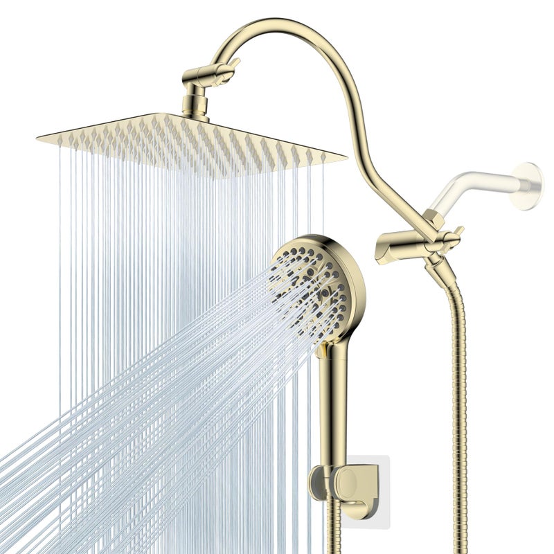 Hibbent All Metal Shower Head 10 High Pressure Rainfall Shower HeadHandheld Gold Showerhead Combo with 12 Adjustable Shower Extension Arm 10Spray 71 Hose Showerhead Holder Polished Brass