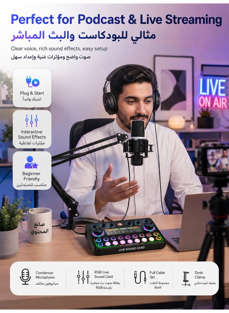 SINWE Professional P99 Sound Card Podcast Equipment Pack, Sinwe Audio Interface, All-in-One Podcast Production Studio with 3.5mm Microphone, Perfect for Live Streaming, Gaming, Singing, YouTube - Image 2