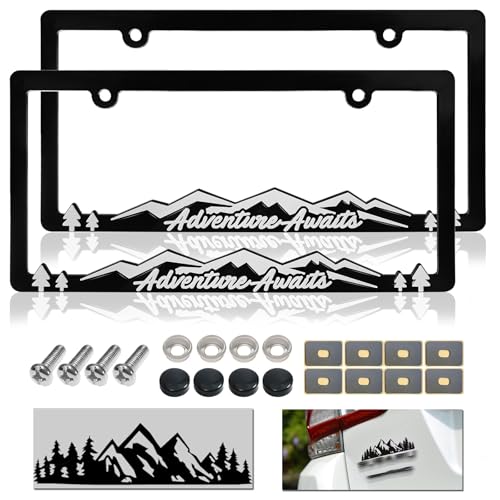 NJNYLLC Mountain License Plate Frames - Plastic Car Tag Holders with Raised Mountain Design, 2 Pack 2 Hole with Screws & Caps, Mountain Vinyl Sticker Included (White-Embossed) - Image 1