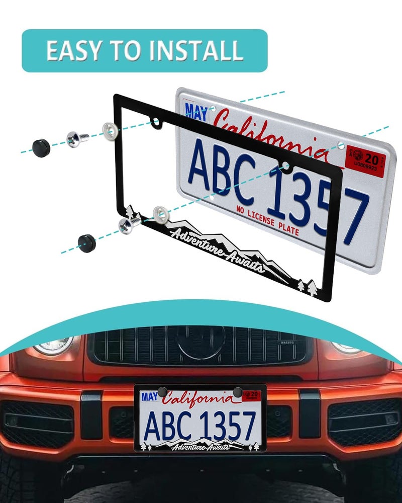 NJNYLLC Mountain License Plate Frames - Plastic Car Tag Holders with Raised Mountain Design, 2 Pack 2 Hole with Screws & Caps, Mountain Vinyl Sticker Included (White-Embossed) - Image 4