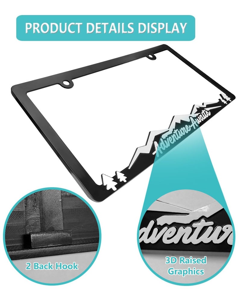 NJNYLLC Mountain License Plate Frames - Plastic Car Tag Holders with Raised Mountain Design, 2 Pack 2 Hole with Screws & Caps, Mountain Vinyl Sticker Included (White-Embossed) - Image 3
