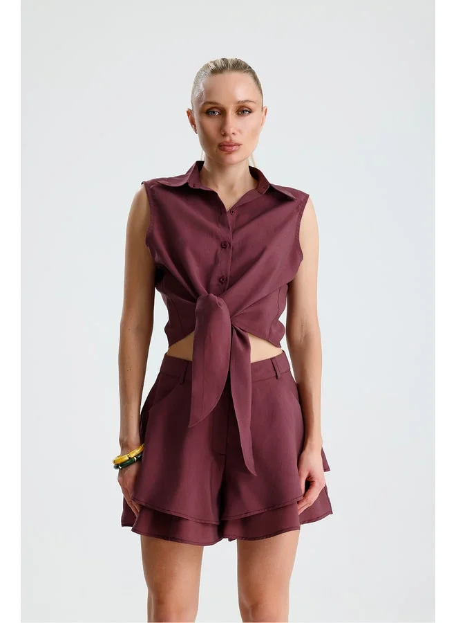 GACACOLLECTION VEGA Front-Tied Crop Shirt with Ruffle Shorts Burgundy Set.