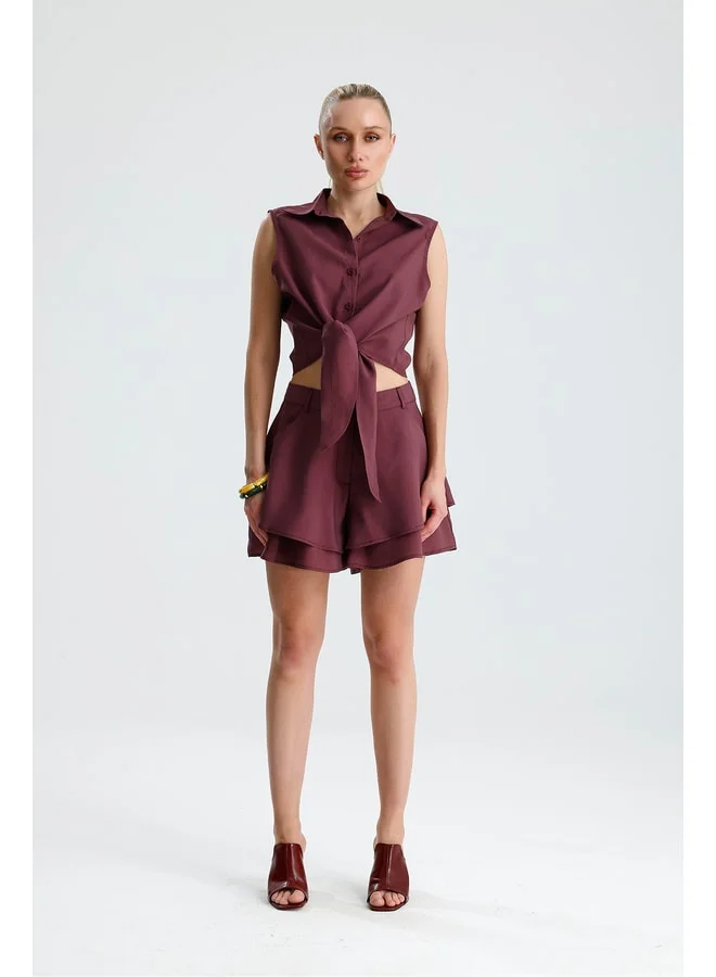 GACACOLLECTION VEGA Front-Tied Crop Shirt with Ruffle Shorts Burgundy Set.