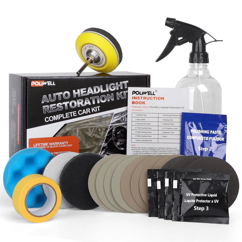 POLIWELL Headlight Restoration Kit 3 Easy Steps to Restore Sun Damaged Headlights Polish Headlights Lens Restore Cleaner DIY Polishing, Sanding Discs, Scouring Pads for Electric Drill, Total 24Pack - Image 1