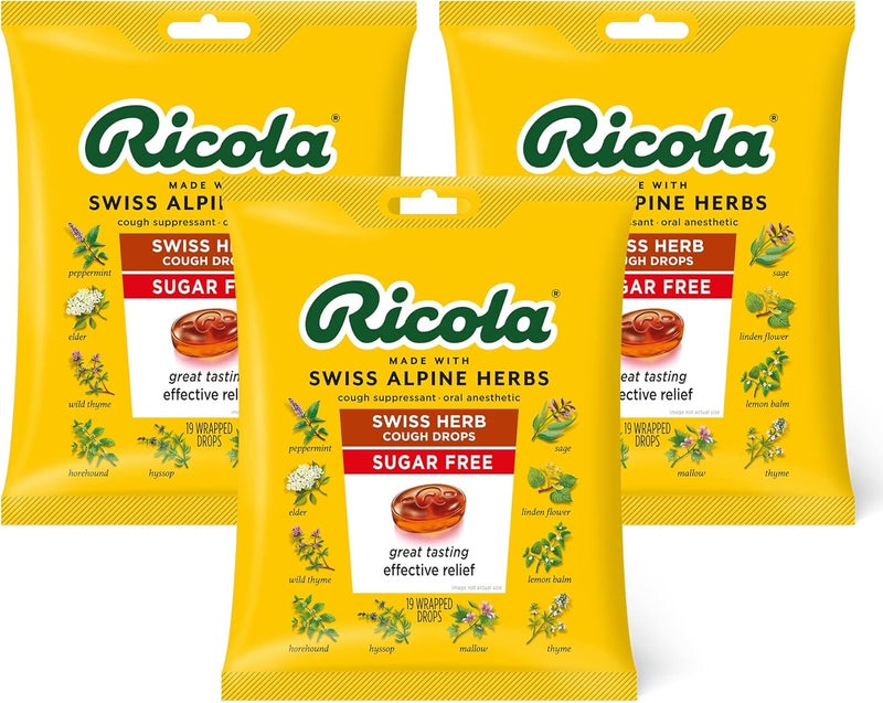 Ricola Ricola Sugar Free Swiss Herb Herbal Cough Suppressant Throat Drops | Naturally Soothing Long-Lasting Relief - 19 Count (Pack of 3) Bags 