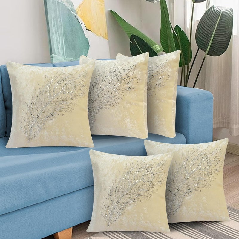 ZLXO Hotel Quality Premium Fibre Soft Filler Cushion Stipe Sofa Cushion Square Pillow Comfortable and Soft PillowsSet of 5 8027_Cream 16x16 Inches - Image 1