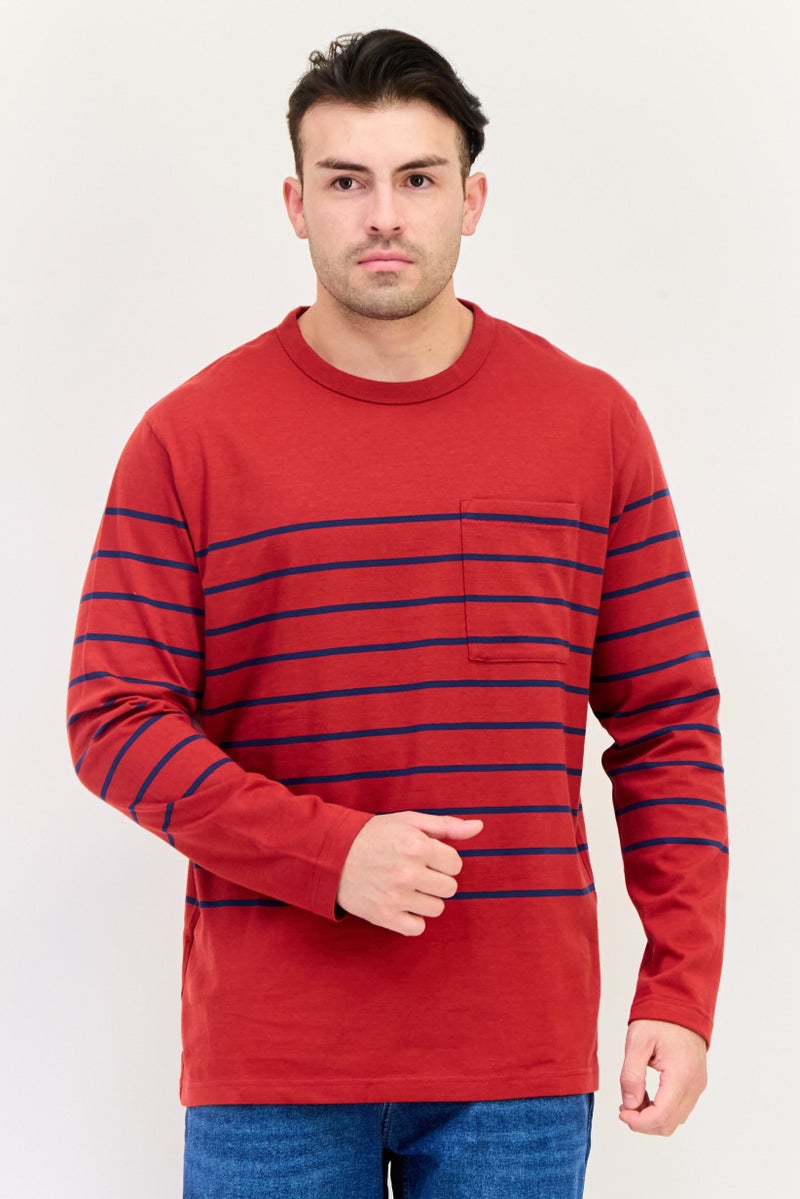 Celio تي شيرت رجالي بأكمام طويلة وياقة دائرية، مخطط، أحمر - Image 1