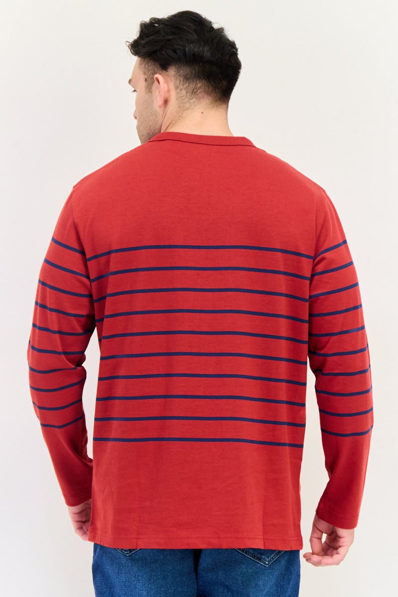 Celio تي شيرت رجالي بأكمام طويلة وياقة دائرية، مخطط، أحمر - Image 3