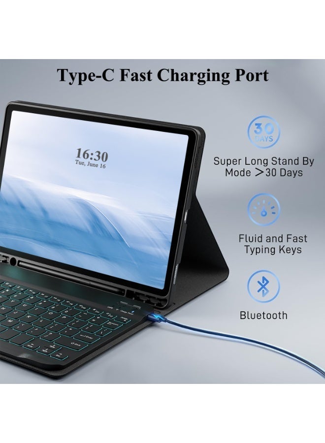 آرترابيت حافظة لوحة مفاتيح لجهاز Galaxy Tab A11+ 2025/ A9+ 2023 مقاس 11 بوصة، قابلة للفصل مغناطيسياً، مزودة بتقنية بلوتوث، وإضاءة خلفية بـ 7 ألوان، باللون الأسود - Image 4