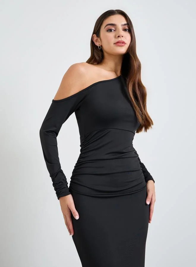 Take Two Black Asymmetric Neck Maxi Dress