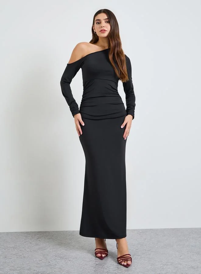 Take Two Black Asymmetric Neck Maxi Dress