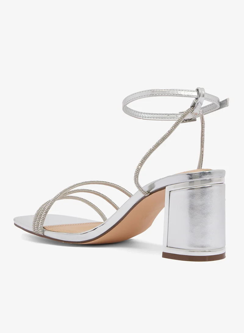 Truffle Silver Short Block Heel Classic Sandals Silver Rhinestone Embellished for Women | Best Price UAE