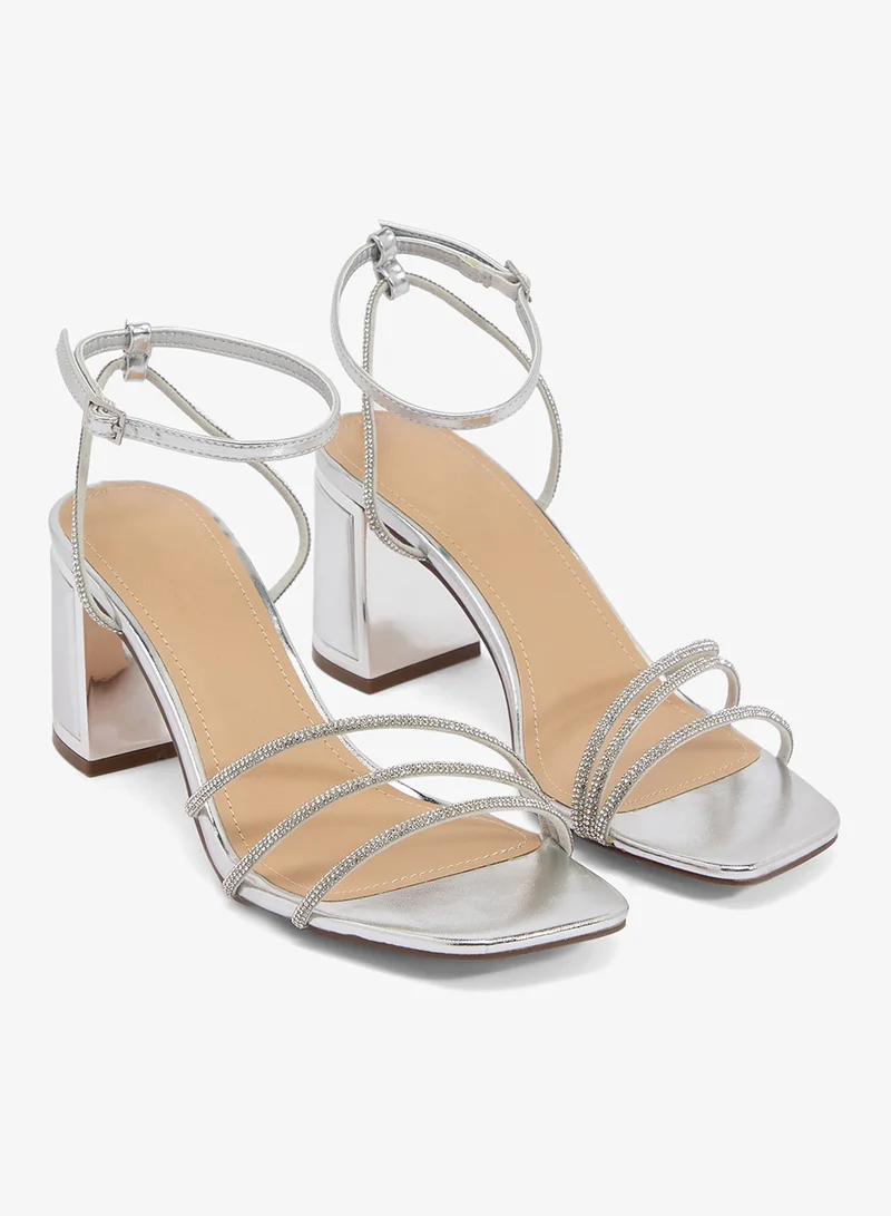 Truffle Silver Short Block Heel Classic Sandals Silver Rhinestone Embellished for Women | Best Price UAE