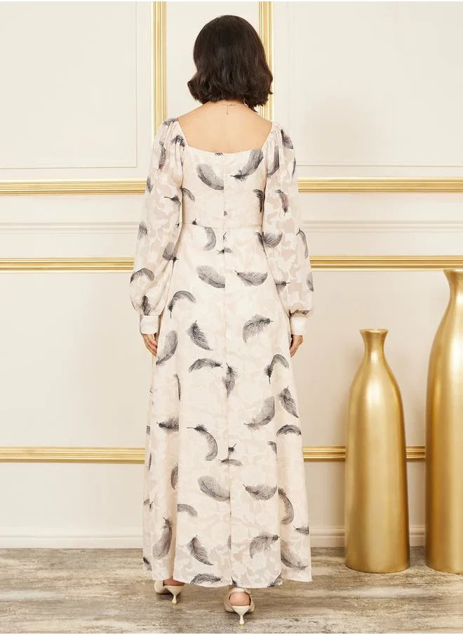 Styli Feather Print Jacquard A-Line Maxi Dress