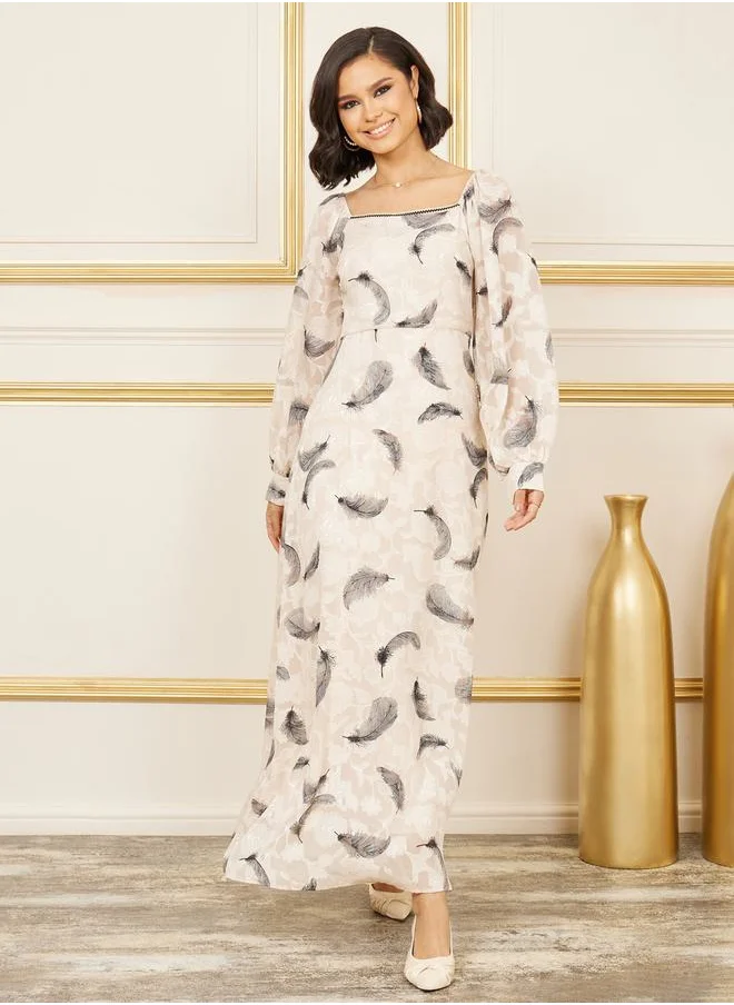 ستايلي Feather Print Jacquard A-Line Maxi Dress
