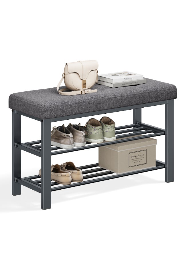 SONGMICS Shoe Bench, Storage Bench, Entryway Bench with Cushion, Shoe Shelf with Seat, Space-Saving, Modern Style, for Living Room, Bedroom, Hallway, Dark Gray and Ink Black