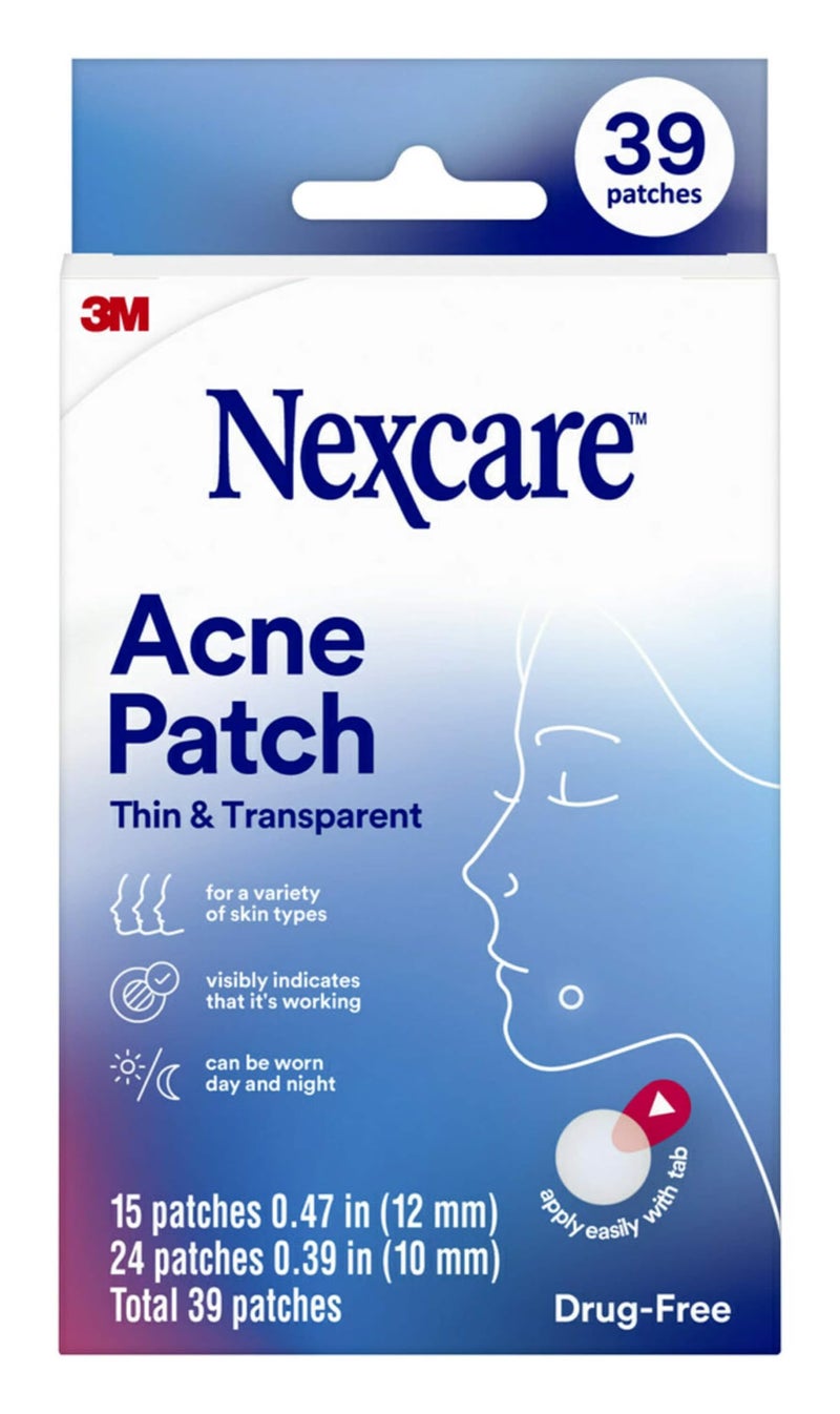 Nexcare Thin and Transparent Acne Patch, Skin Cover Absorbs Pus and Oil from Clogged Pores, made with hydrocolloid, tab allows for easy removal from liner - 39 Pimple Patches - Image 1