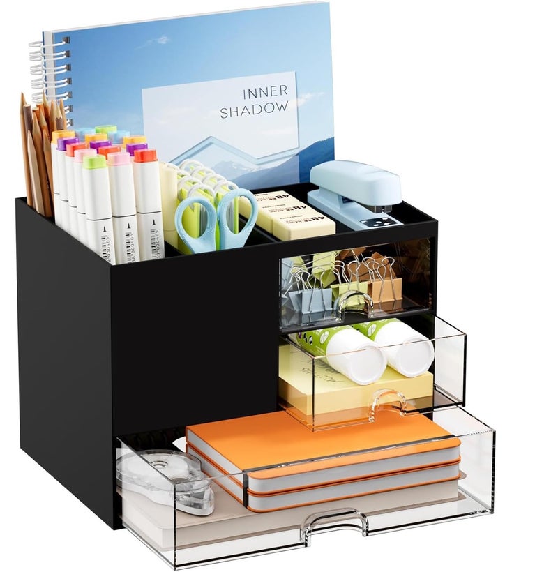 Shuttle Art Black Desk Organizer with 3 Drawers & 5 Compartments | Multi-Functional Pen Pencil Holder for Office, Home & Study Table | Desktop Storage Box for Stationery, Art Supplies & Accessories - Image 3