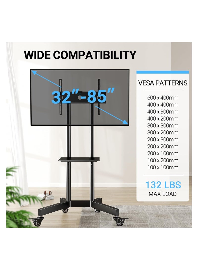 Mobile TV Cart with Wheels for 32-65 Inch LCD LED Plasma Flat Screen TVs- Height Adjustable Rolling TV Stand Hold up to 132 lbs- Floor Stand with Tray Max VESA 600x400mm  - Image 2