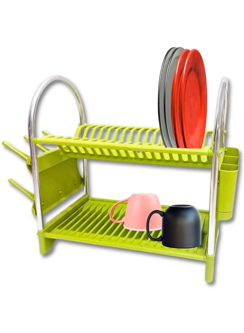 Venice Countertop 2-Layered Kitchen Dish Drying Rack With Plastic Removable Tray And Side Cutlery Strainer And Six Glass Holder Green - Image 1