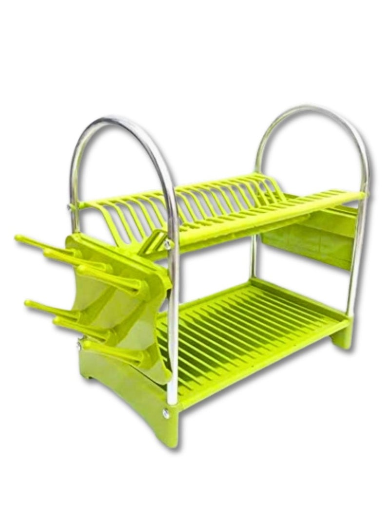 Venice Countertop 2-Layered Kitchen Dish Drying Rack With Plastic Removable Tray And Side Cutlery Strainer And Six Glass Holder Green - Image 2