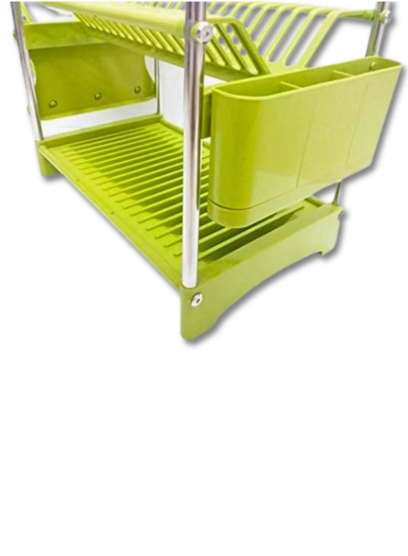Venice Countertop 2-Layered Kitchen Dish Drying Rack With Plastic Removable Tray And Side Cutlery Strainer And Six Glass Holder Green - Image 3