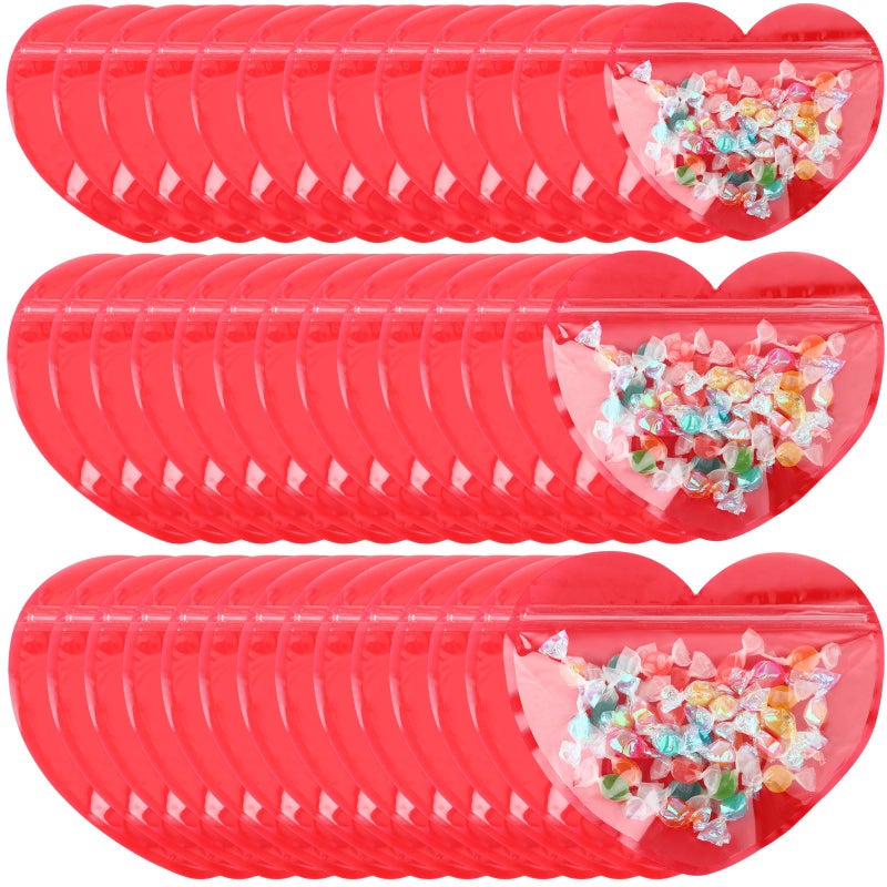 Yexiya 50 Pcs Large Valentine Gift Bags Three Sizes Heart Shaped Treat Bags Valentine Clear Cellophane Bag Plastic Heart Candy Goodie Reusable Sealed Bag for Party Favors(Red) - Image 1