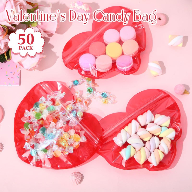 Yexiya 50 Pcs Large Valentine Gift Bags Three Sizes Heart Shaped Treat Bags Valentine Clear Cellophane Bag Plastic Heart Candy Goodie Reusable Sealed Bag for Party Favors(Red) - Image 2
