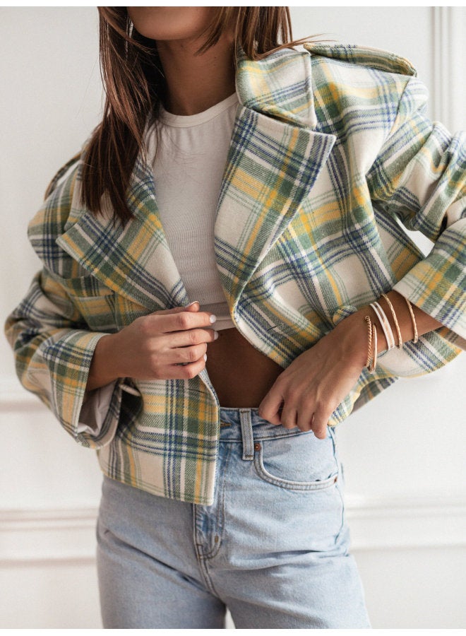 Autum Fashion British Suit Collar Plaid Printed Woolen Jacket